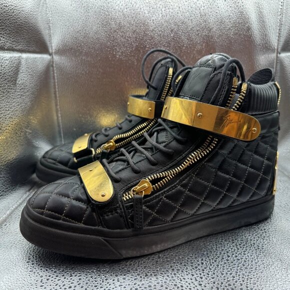Size 40 - Giuseppe Zanotti Womens Black Leather High Top‎ Gold Quilted Sneakers - Picture 3 of 9